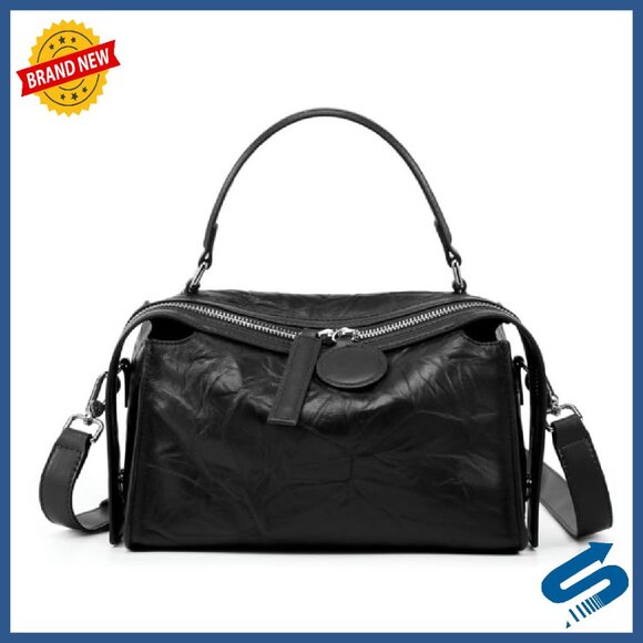 Vintage Crinkled Leather Crossbody Bag Adjustable Strap Satchel Purse